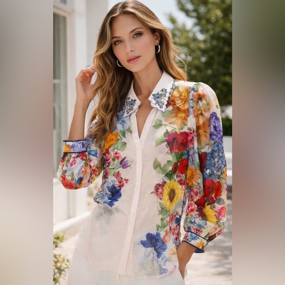 Alice + Olivia Tops - Alice + Olivia Floral Placement Blouse L Pink Sheer Statement Collar Designer